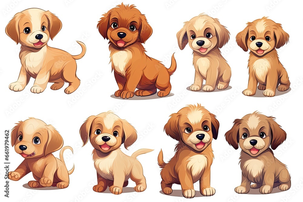 Set of funny puppies. Cartoon, soft coloring, flat vector design, isolated on white background Set of funny puppies. Cartoon, soft coloring, flat vector design, isolated on white background