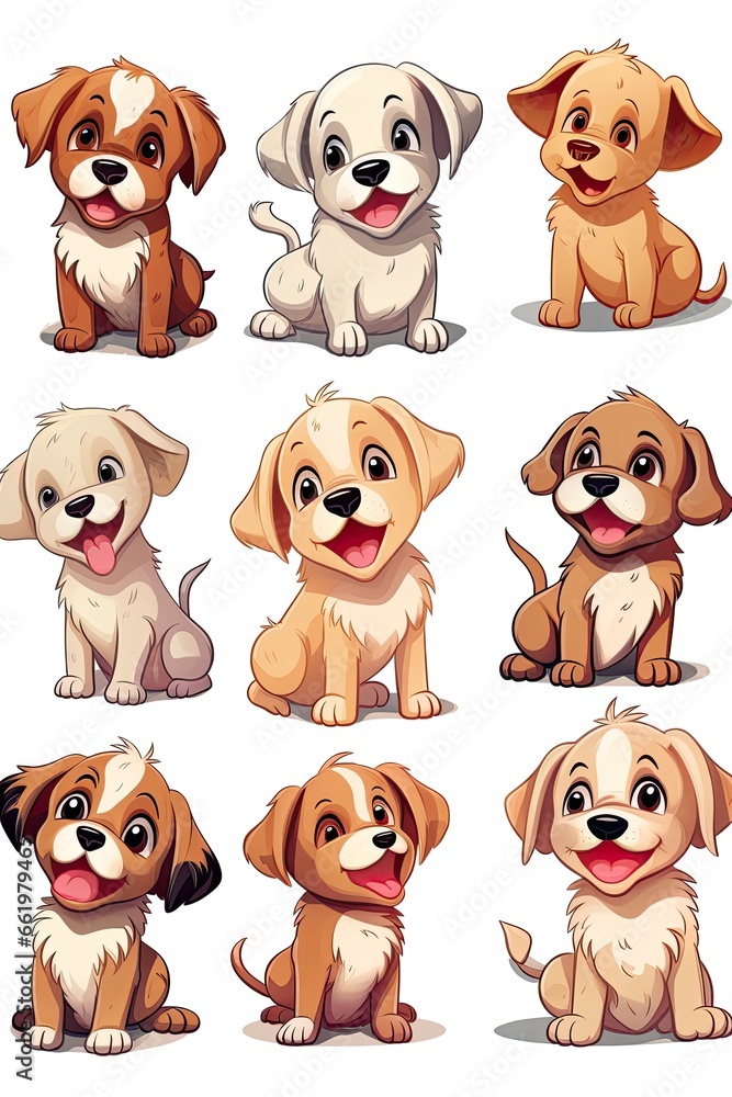 Set of funny puppies. Cartoon, soft coloring, flat vector design, isolated on white background Set of funny puppies. Cartoon, soft coloring, flat vector design, isolated on white background