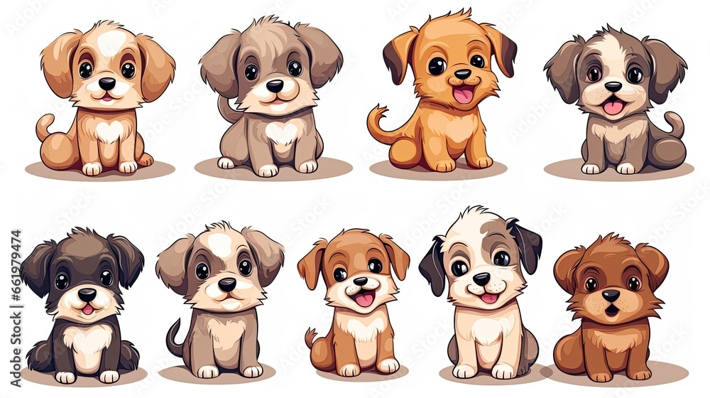 Set of funny puppies. Cartoon, soft coloring, flat vector design, isolated on white background