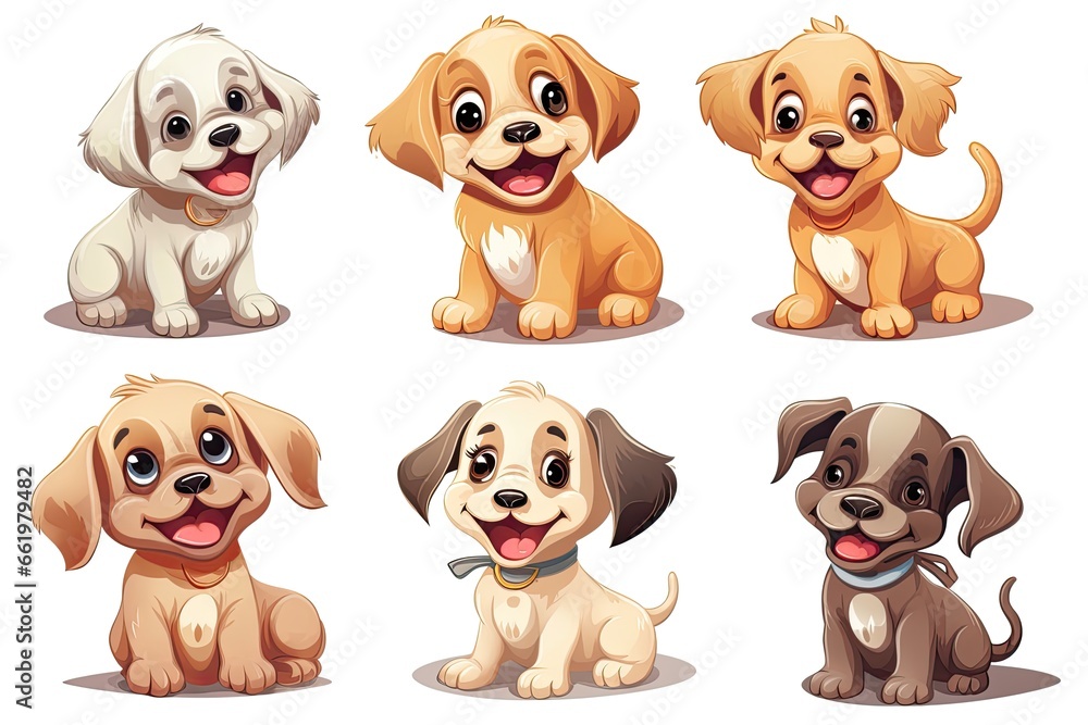 Set of funny puppies. Cartoon, soft coloring, flat vector design, isolated on white background