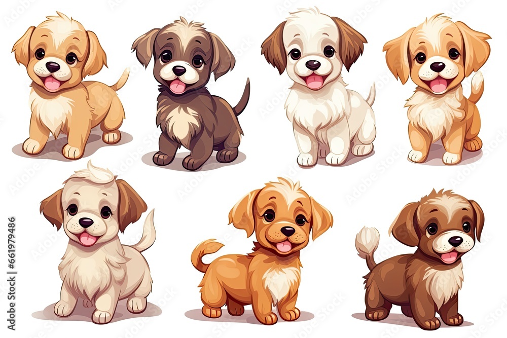 Obraz premium Set of funny puppies. Cartoon, soft coloring, flat vector design, isolated on white background