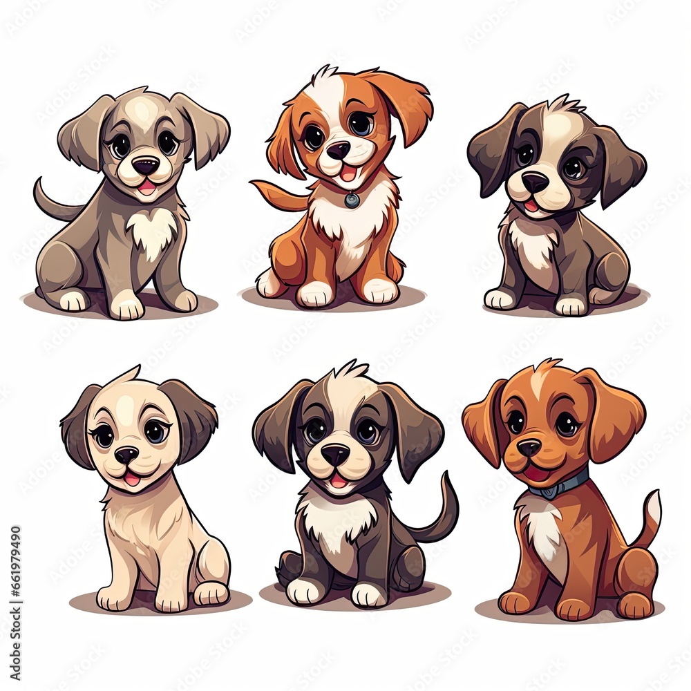Set of funny puppies. Cartoon, soft coloring, flat vector design, isolated on white background Set of funny puppies. Cartoon, soft coloring, flat vector design, isolated on white background