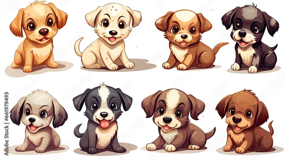 Set of funny puppies. Cartoon, soft coloring, flat vector design, isolated on white background Set of funny puppies. Cartoon, soft coloring, flat vector design, isolated on white background