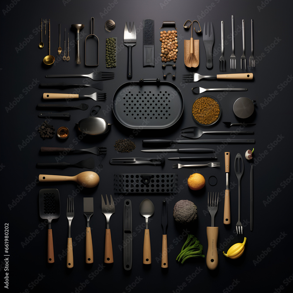 kitchenware set, kitchen equipment, black background , Generative AI kitchenware set, kitchen equipment, black background , Generative AI