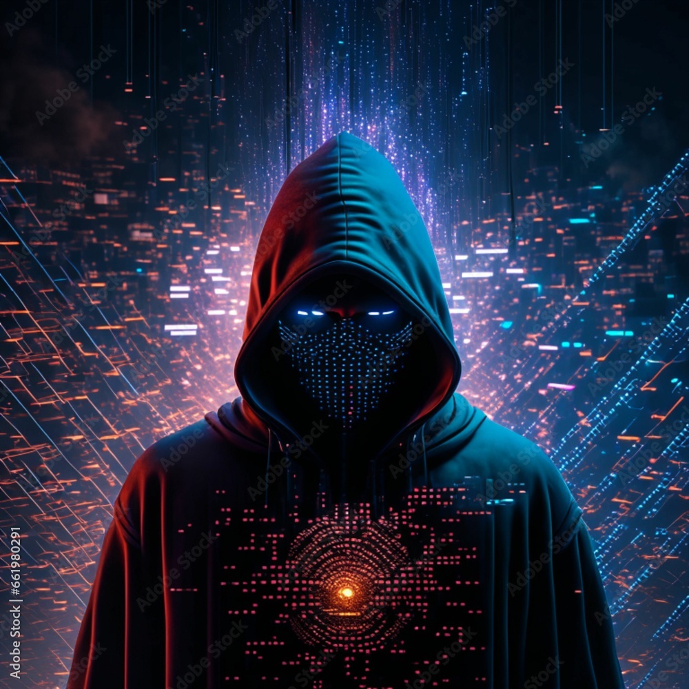 Anonymous hacker, surrounded by a network of glowing data. Cybersecurity, Cybercrime, Cyberattack. 