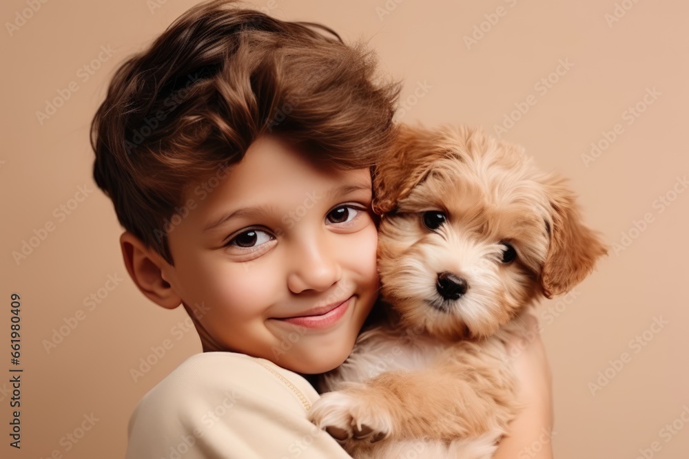 Boy Embraces Cute Puppy Against Beige Background Boy Embraces Cute Puppy Against Beige Background