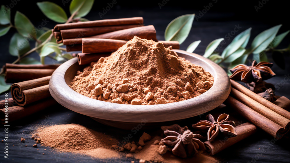 Still life of star anise and cinnamon in sticks and powder. AI generated Still life of star anise and cinnamon in sticks and powder. AI generated