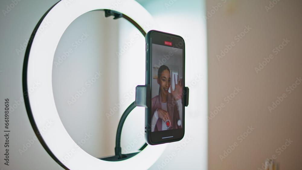 Closeup media person recording tutorial smartphone display view. Woman talking Closeup media person recording tutorial smartphone display view. Woman talking