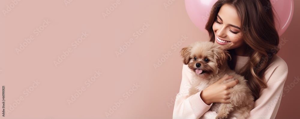 Happy Woman Cuddles Puppy, Showing Love In Studio