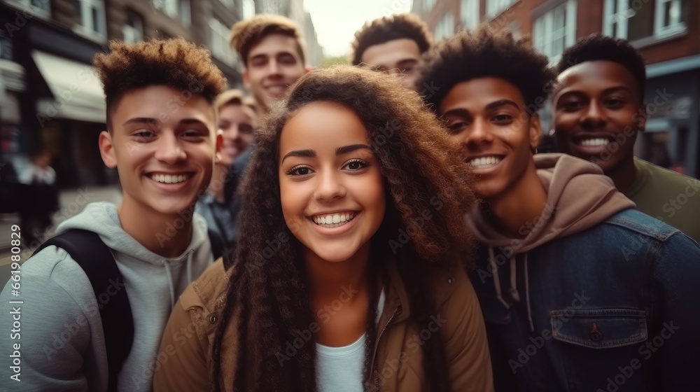 Fototapeta premium Smiling multi ethnic student taking selfie on city street.