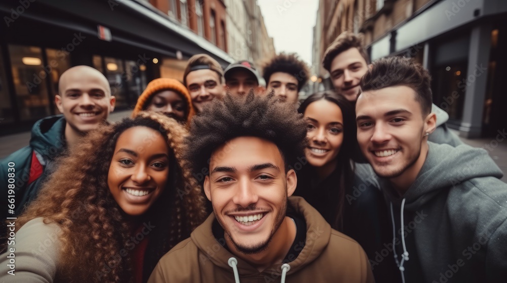 Multi ethnic student guys and girls taking selfie on city street.