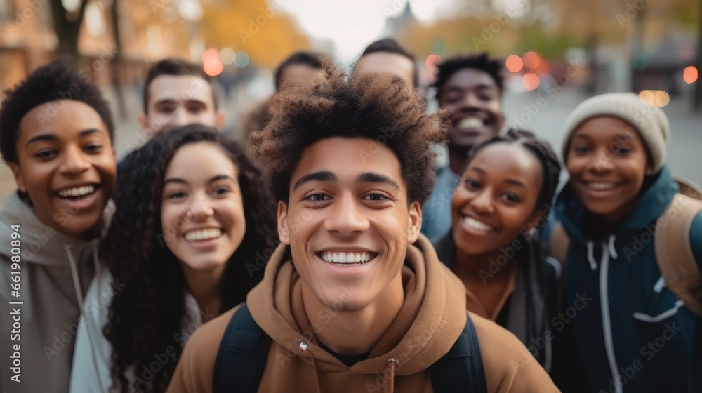 Smiling multi ethnic student taking selfie on city street. Smiling multi ethnic student taking selfie on city street.