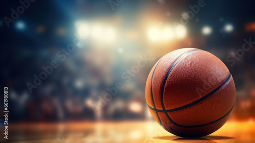 Close-up of a basketball ball on the playing court