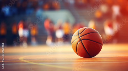 Close-up of a basketball ball on the playing court