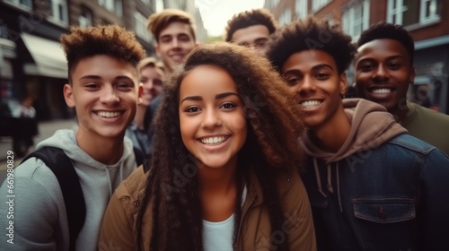 Smiling multi ethnic student taking selfie on city street.