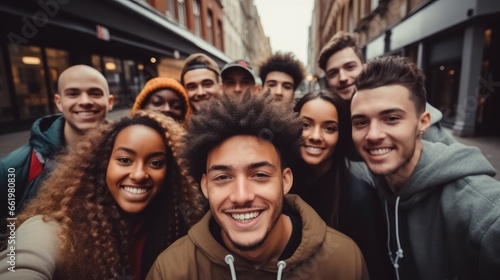 Multi ethnic student guys and girls taking selfie on city street. © visoot