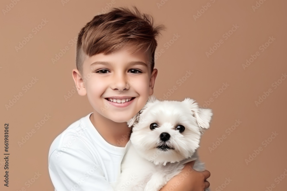 Little Boy Smiling With His Puppy On Pastel Background Heartwarming Connection Little Boy Smiling With His Puppy On Pastel Background Heartwarming Connection