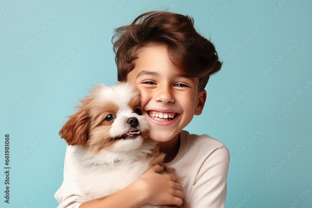 Little Boy Smiling With His Puppy On Pastel Background Heartwarming Connection Little Boy Smiling With His Puppy On Pastel Background Heartwarming Connection