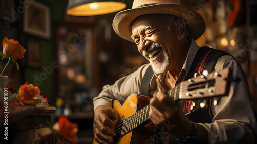 Happy Cuban musician, playing his guitar. sharing their music in a tavern in Havana, quiet lifestyle in the Caribbean