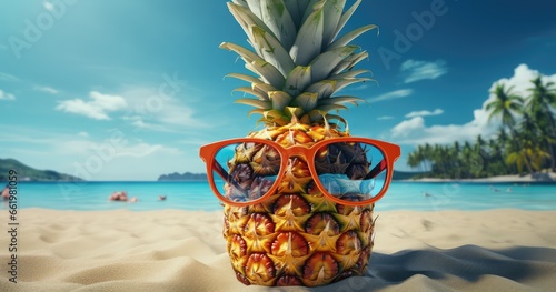 Ananas w okularach przeciwsłonecznych na plaży. 