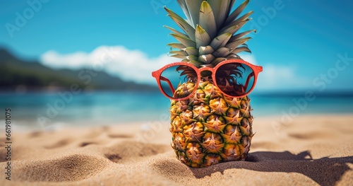 Ananas w okularach przeciwsłonecznych na plaży. 