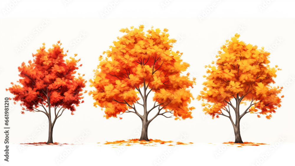 Set of trees with autumn colors on a white background. AI generated