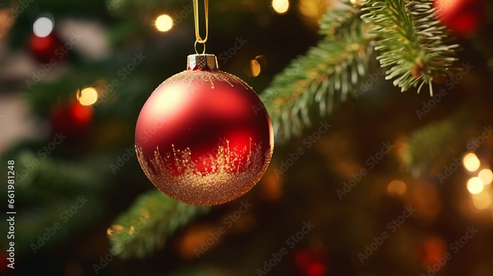 A vibrant red ornament hanging from a beautifully decorated Christmas tree