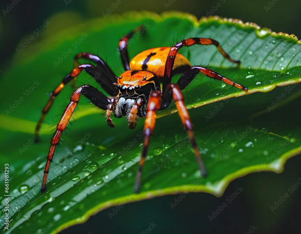 macro close-up on a beautiful exotic spider on a leaf. generative ai macro close-up on a beautiful exotic spider on a leaf. generative ai