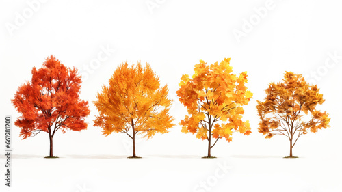 Set of trees with autumn colors on a white background. AI generated