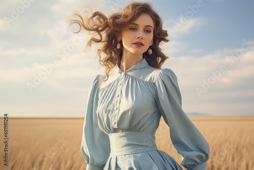 Pretty Woman In Vintage Dress Walking In Spring Field