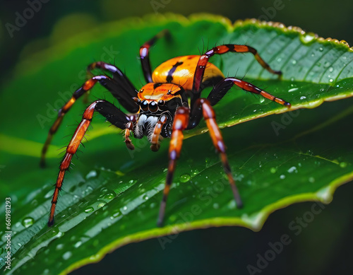 macro close-up on a beautiful exotic spider on a leaf. generative ai