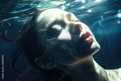 Tranquil Underwater Closeup Captures Womans Beautifully Hydrated Face