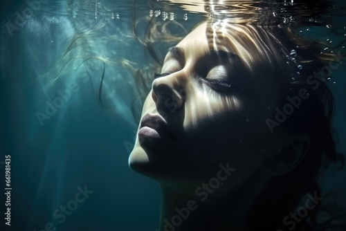 Tranquil Underwater Closeup Captures Womans Beautifully Hydrated Face