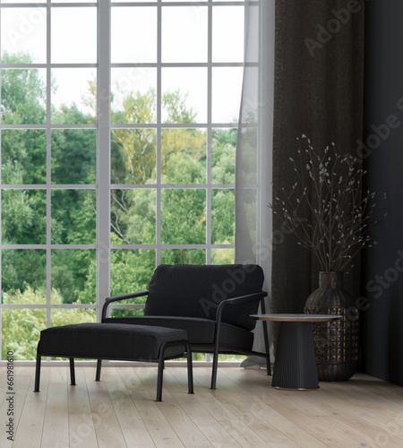 Black arm chairs and side table against garden background. Minimalist style home interior design of modern living room. 3d rendering.
