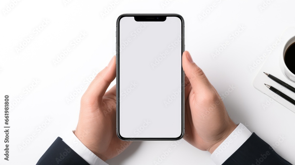 hand holding phone mockup image on the desk