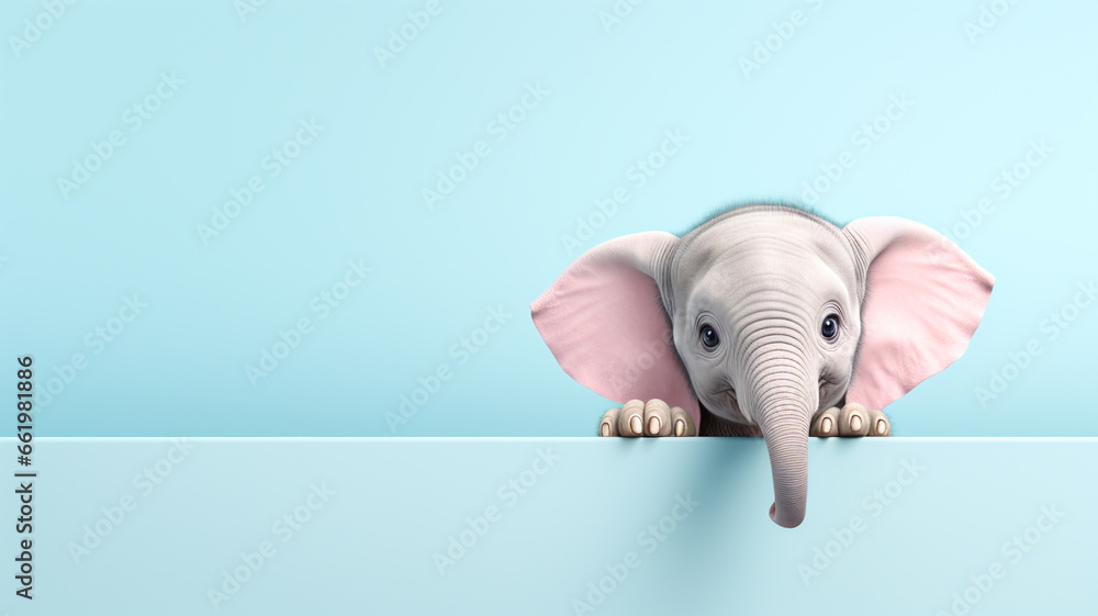 Funny minimalist background with a peeking elephant. AI generated - obrazy, fototapety, plakaty 