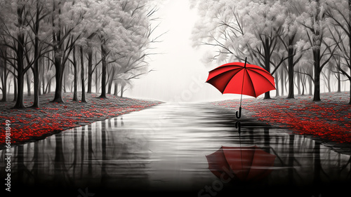 Rainy landscape in black, white and red. Winter time. AI generated © Alicina