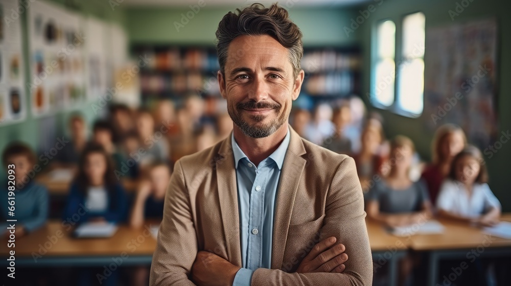 Smiling man teacher in a class at elementary school with learning students on background. Smiling man teacher in a class at elementary school with learning students on background.