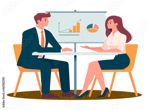 Man and woman discuss some ideas about business with a presentation board behind them, vector illustration