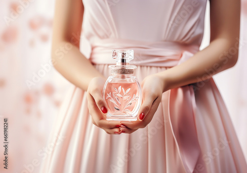 Female hand holds an elegant light pink perfume bottle. AI generated