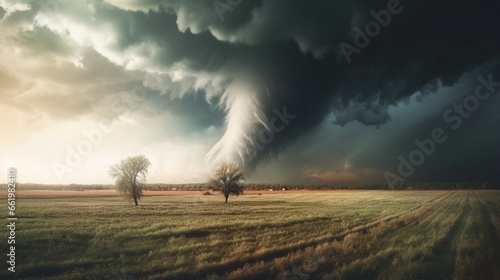 A tornado forming over an open field.