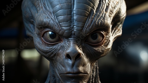  alien close up of face, extraterrestrial life, an inhabitant of another planet in a cafe on earth. Concept: science fiction, ufology