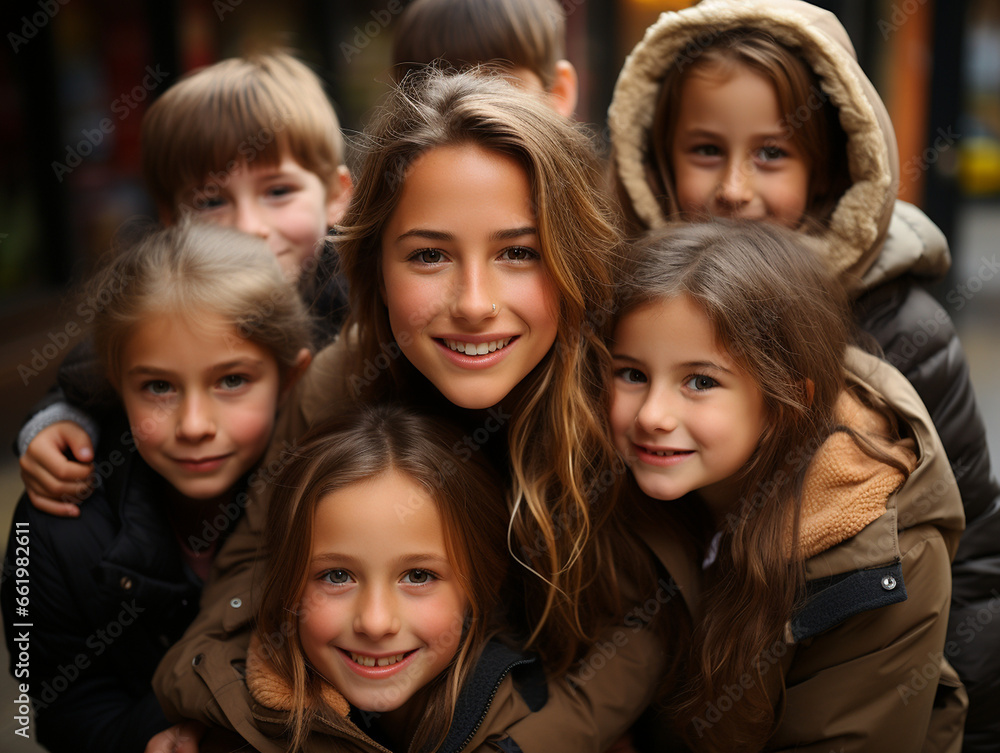 Hübsche kleine Vorschulkinder Gesichter lachen in die Kamera Nahaufnahme, ai generativ Hübsche kleine Vorschulkinder Gesichter lachen in die Kamera Nahaufnahme, ai generativ