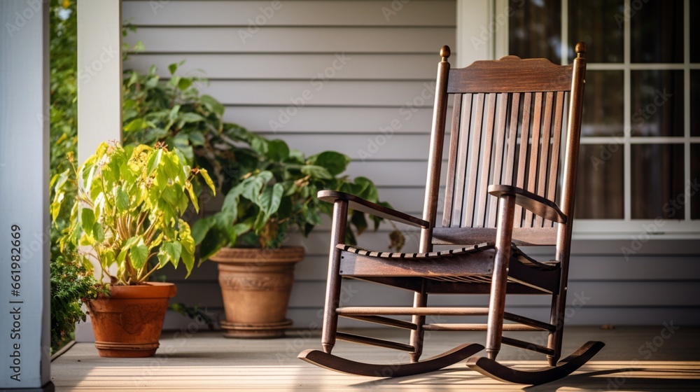 A traditional wooden rocking chair on a classic front porch. - obrazy, fototapety, plakaty 