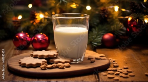 Glass of milk and cookies on a wooden table. Christmas background. Christmas Concept With a Copy Space.