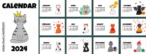 Wall calendar for 2024 with cute flat style cats. Different cats for each month. Set of 12 pages. Vector illustration