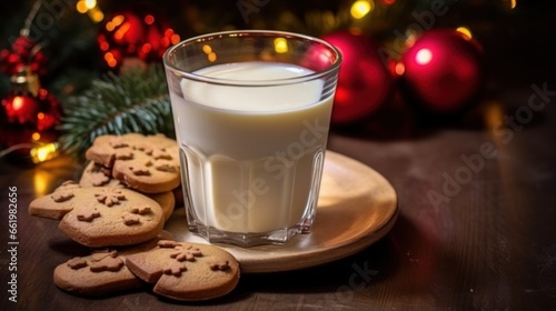 Glass of milk and cookies on a wooden table with Christmas decorations. Christmas Concept With a Copy Space.