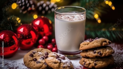 Glass of milk with chocolate chip cookies and Christmas decorations on wooden background. Christmas Concept With a Copy Space.