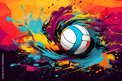 Colorful abstract image of the sport of volleyball in the style of graffiti. Illustration of the sports competitions of the Summer Olympic Games. Volleyball balls in multicolored splashes.