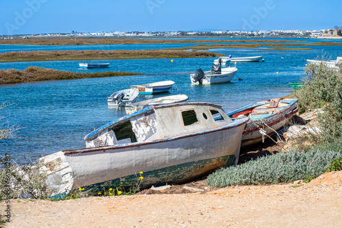 Boats in lagoons in Faro, Portugal 